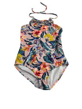 Girls Tropical Floral Halter Swimsuit By Old Navy 13-14 Years Pink & Multicolor